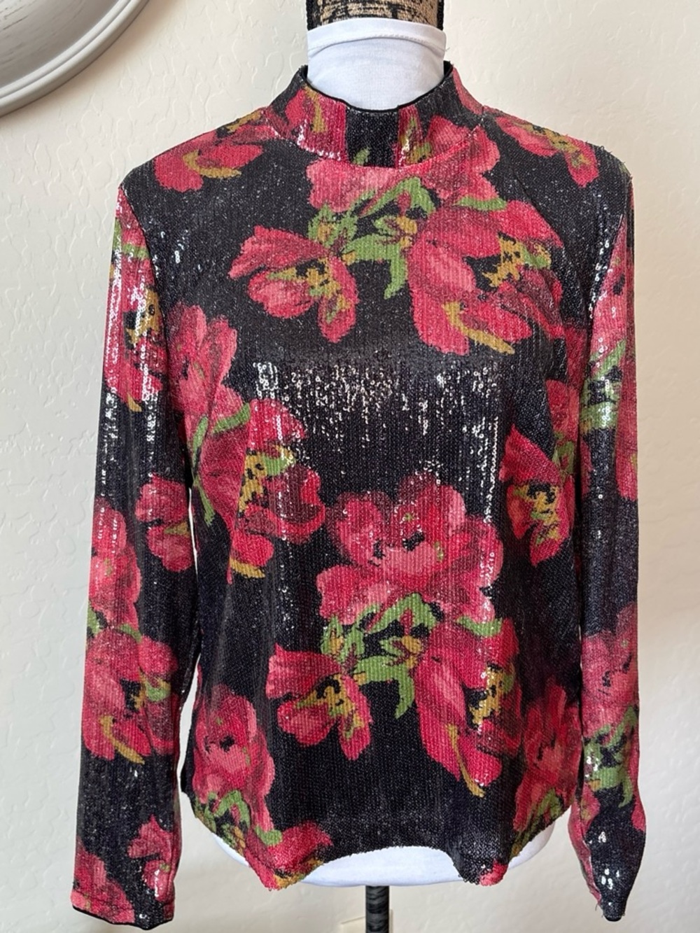 Nicole Miller Black Sequin Top with Pink Floral Print